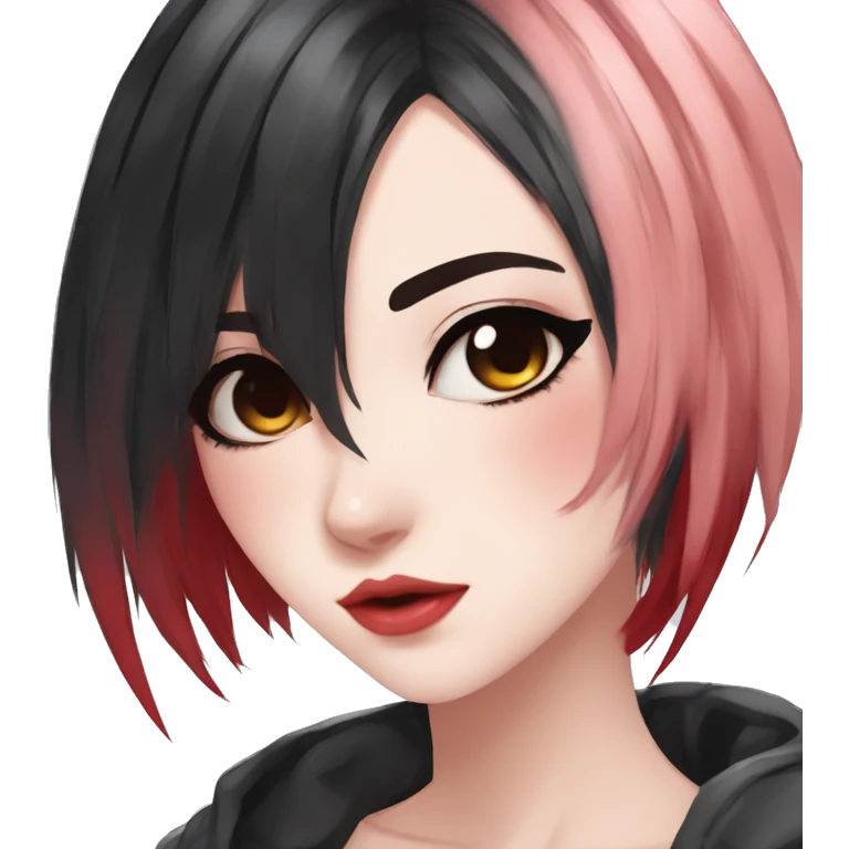 Gorgeous anime style lady with blushing face aesthetic and pretty edgy black red punk hair with hair garment trending style emoji
