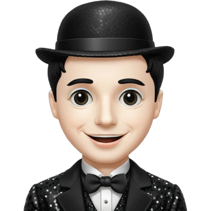 Charlie Chaplin with black hair, black sequin outfit emoji