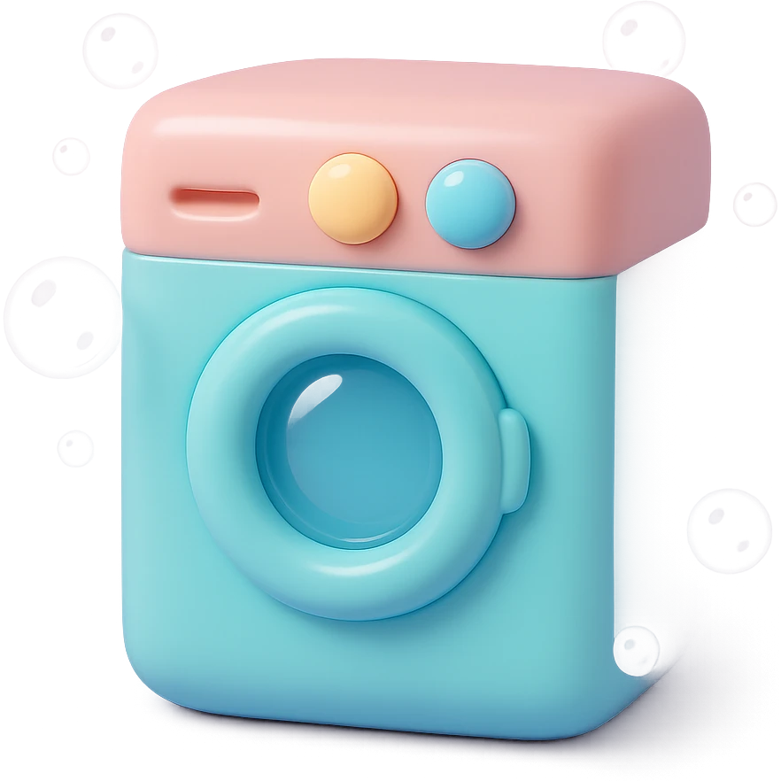 Add playful cartoon bubbles around the vinyl figure style washing machine, keep the original vinyl-figure look and colors. emoji