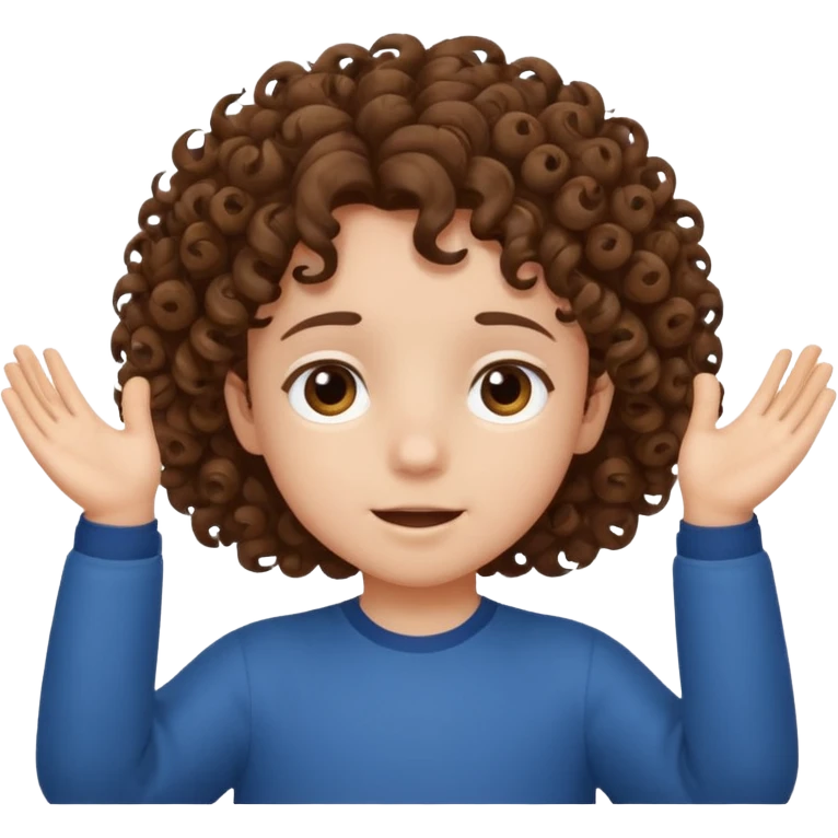 A kid with curly hair with both hands facing up saying 67 emoji