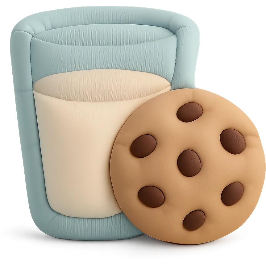 a soft and plush cushion style illustration of a glass of milk and a chocolate chip cookie, pastel colors emoji