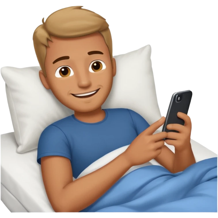 Man emoji lying in bed smiling and looking at his phone emoji