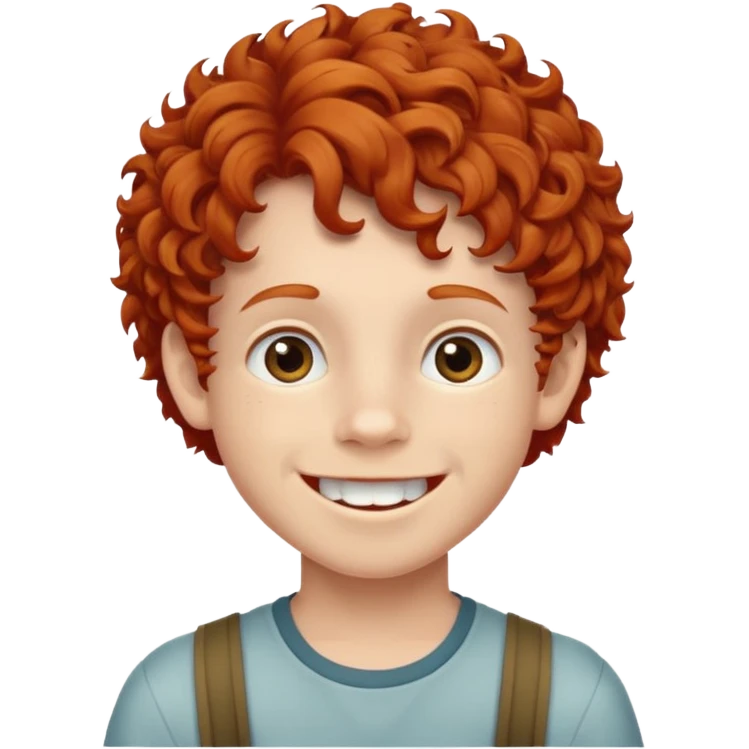 redhead kid with unique face features and very curly hair kid boy happy and braces on teeth emoji