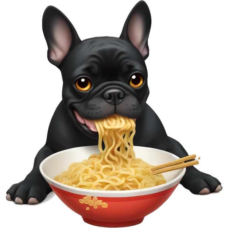 Black French bulldog eating Ramen noodles emoji