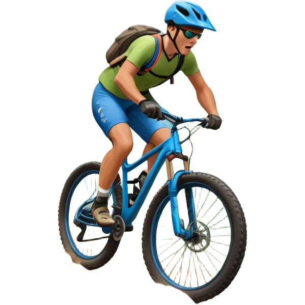An icon featuring a mountain bike with thick tires on a rugged trail. A cyclist in a helmet rides downhill, kicking up dust. The background showcases a breathtaking mountain landscape with green slopes, rocky peaks, and a bright blue sky. Transparent background emphasizes adventure and speed emoji
