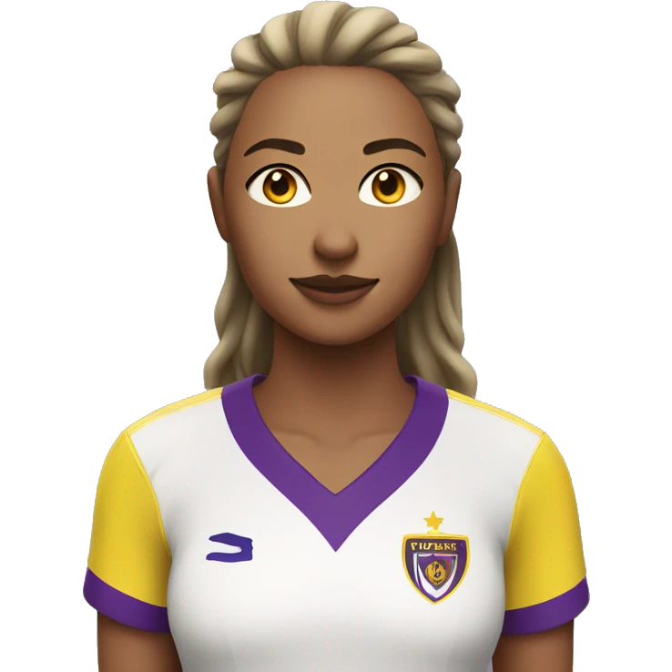 a woman soccer player in white jersey with purple pinstripes and yellow collar emoji