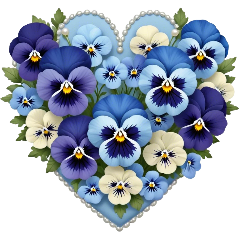 A heart-shaped floral arrangement of deep blue and pastel blue pansies, intricately designed with navy and baby blue accents, resting on a pearl satin fabric and adorned with tiny silver embellishments.
 emoji