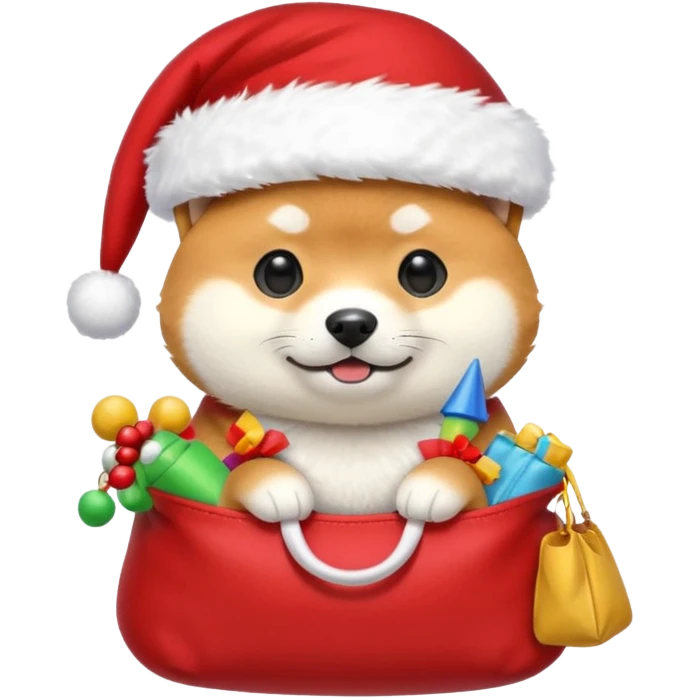 shiba inu wearing santa hat holding a bag of toys snowing emoji