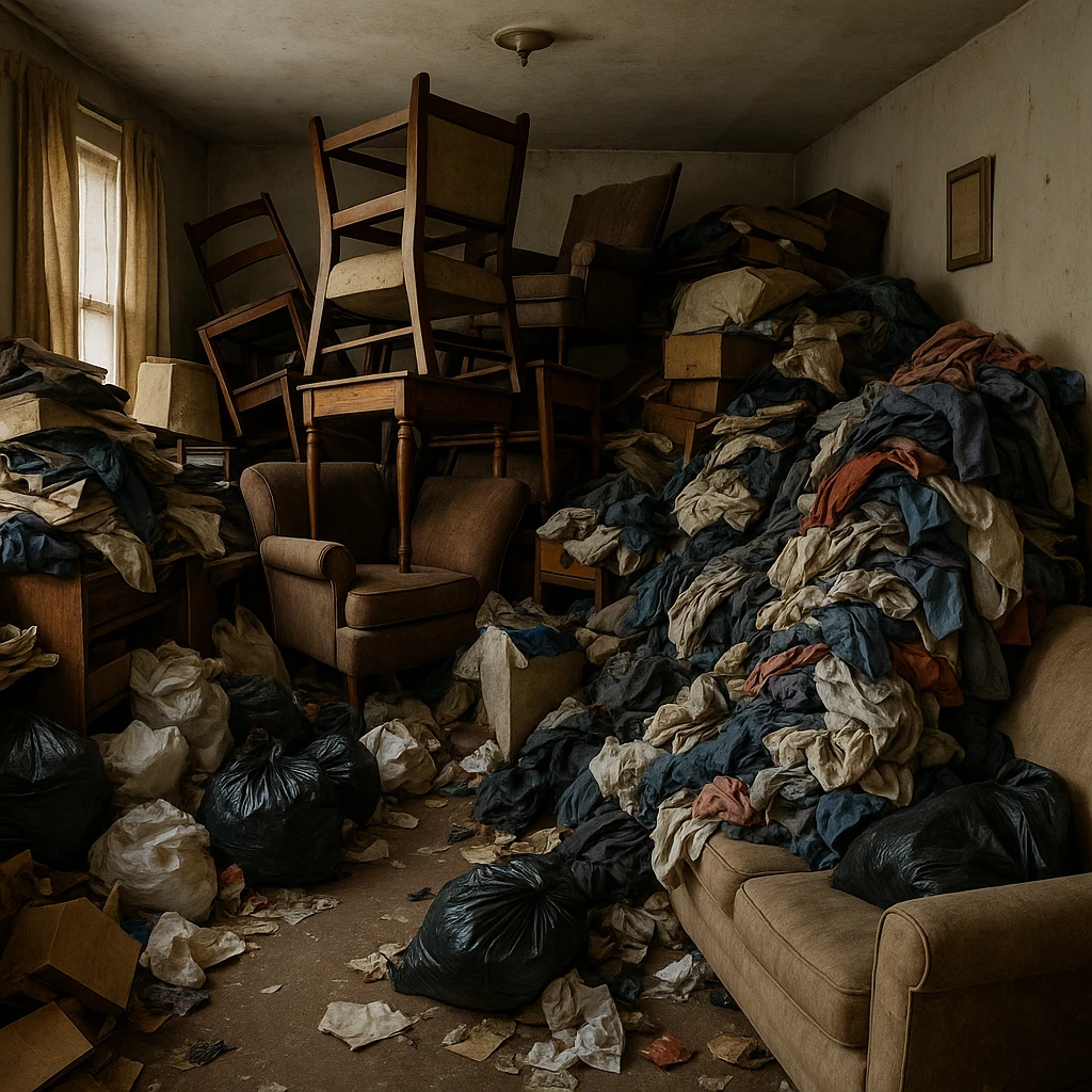 an interior scene of a room filled with stacked furniture, clothes, and trash, showing a hoarding environment, cluttered, messy, chaotic emoji