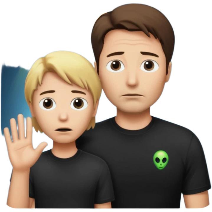 Mulder from the x-files looking very very worried (not trusting anyone today) while wearing a dark t-shirt an alien beam trying to lift him up emoji
