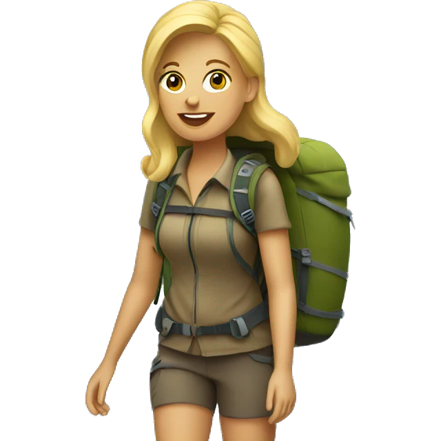 A blonde woman traveler with a backpack is hiking in the mountains. emoji