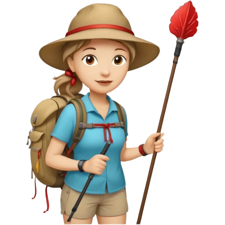 Middle aged women, long brown ponytail with wide brim hiking hat. With backpack and trekking poles. Backpack has a scallop shell with the cross of saint james hanging from it.  Remove the cross and add a scallop shell on a red string hanging from the backpack  emoji
