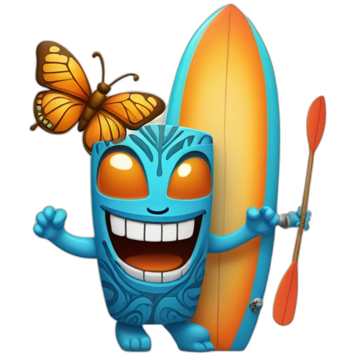 Cartoon Blue and orange smiling tiki with butterfly and surfboard emoji