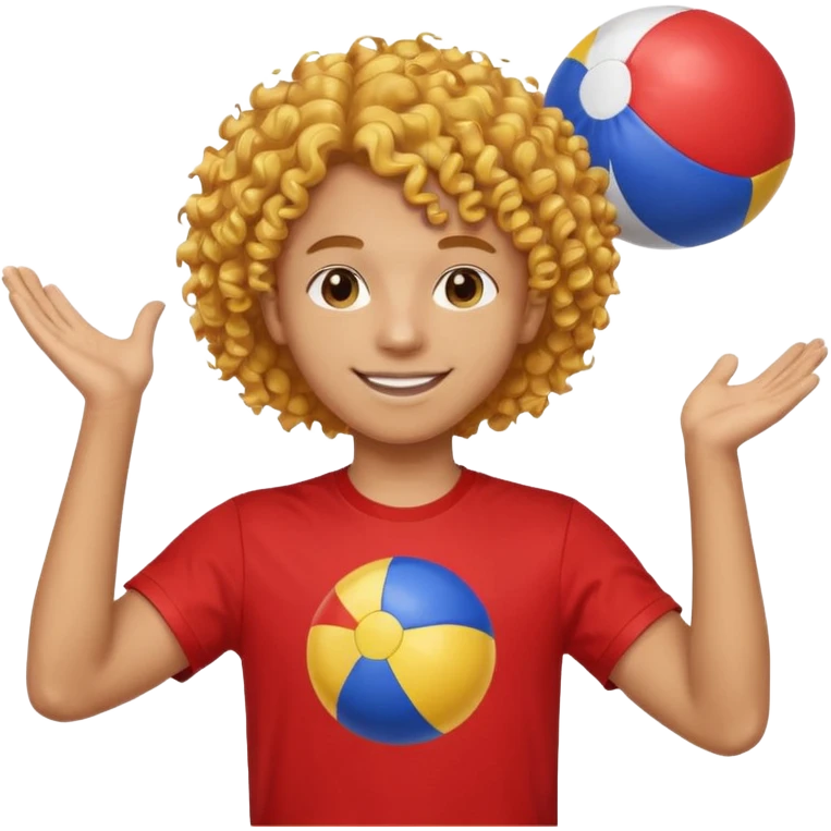 una persona de 18 años marron clarito con el pelo amrillo rizado con una camiseta roja y azul con un logo circular dorado y levantando un balon de playa emoji