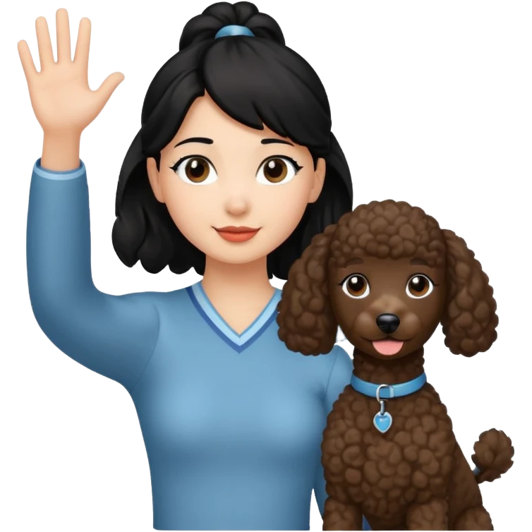 Ponytail black hair girl with brown Poodle say goodbye  emoji