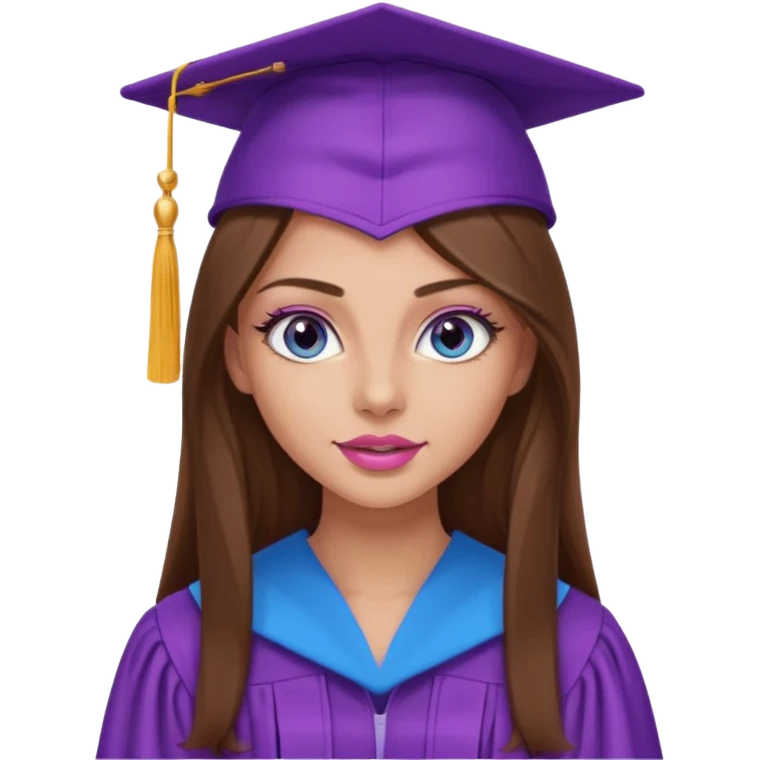 pretty girl with beautiful extremely long brown hair, blue eyes, long lashes makeup, sexy pink lips, wearing a purple graduation cap and gown emoji