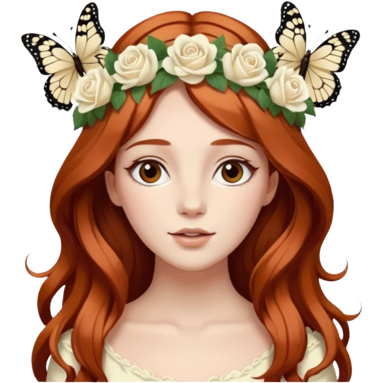 Woman with long flowing auburn hair wearing a flower crown with white and cream colored roses and butterflies in it emoji