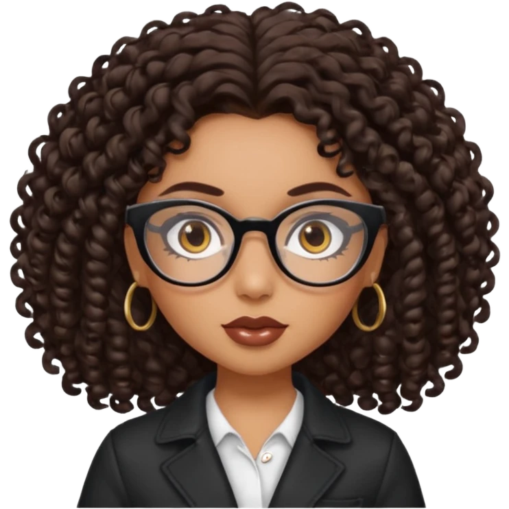 pretty bratz baddie, dark brown curly hair, brown eyes, glasses emoji