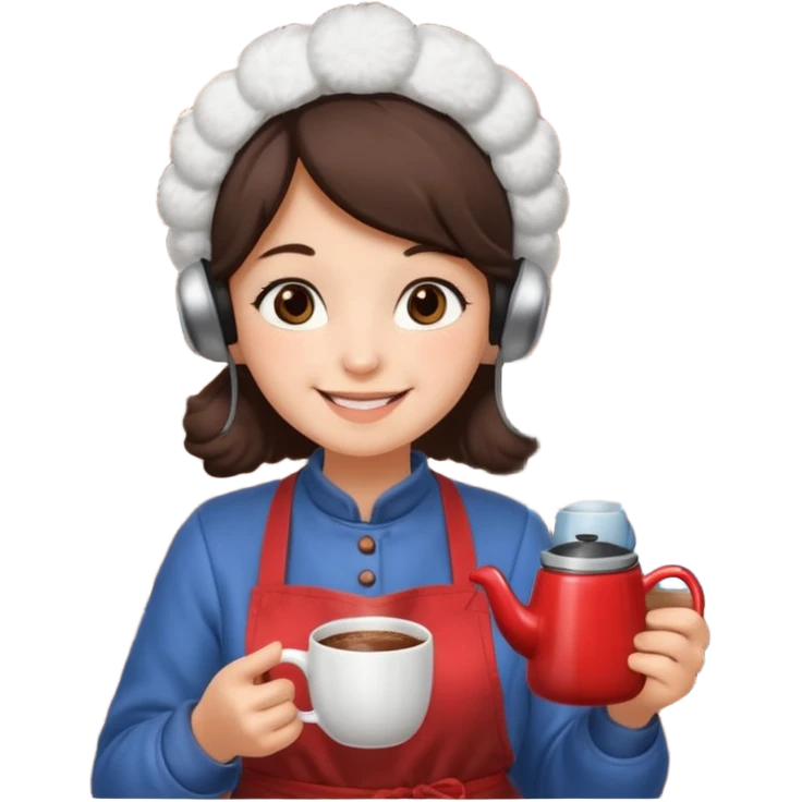 A cozy vendor with fluffy earmuffs, wearing apron handing out steaming cocoa with a warm smile. emoji