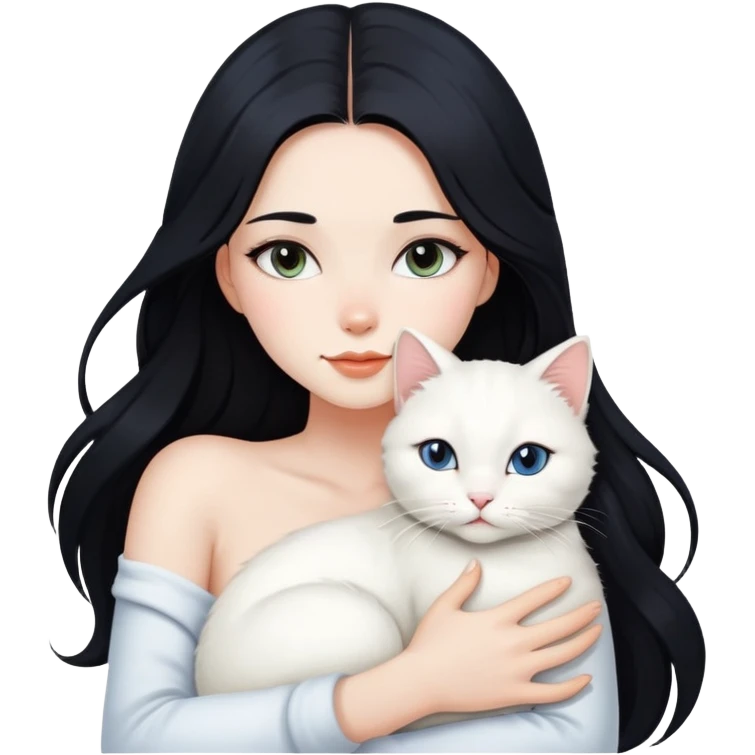 Beautiful sexy girl with long black hair hugs a white cat emoji