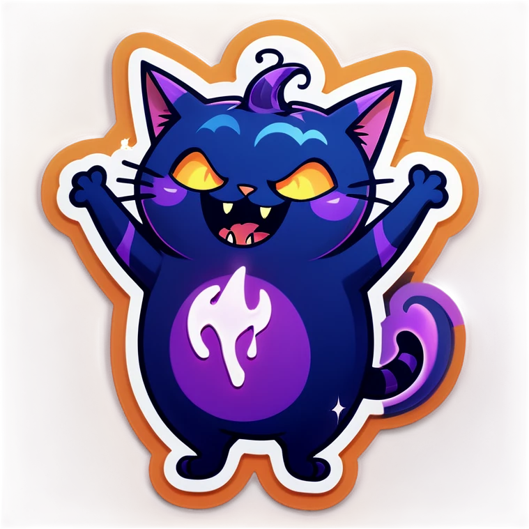 A chubby, dark blue cartoon cat with a magical and spooky yet adorable appearance, inspired by Halloween sticker aesthetics. The cat is laughing uncontrollably, rolling on the floor or clutching its belly, eyes squinted with joy. Its fur has subtle glowing magical symbols, and small floating sparkles surround it. The cat’s expression is playful and mischievous, with tiny fangs peeking out. The background is dark yet whimsical, featuring floating candles, cobwebs, and a soft purple glow. The art style is cute, rounded, and slightly eerie, resembling Halloween-themed stickers with bold outlines and vibrant color emoji