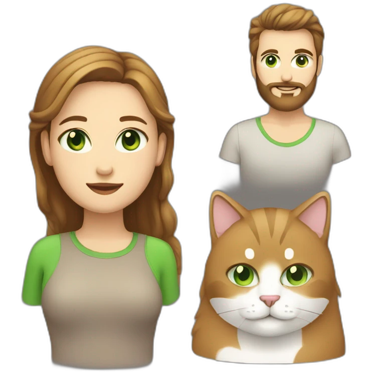 Woman with light straight brown hair and green eyes and a heavy man with a beard and two cats white and another black emoji