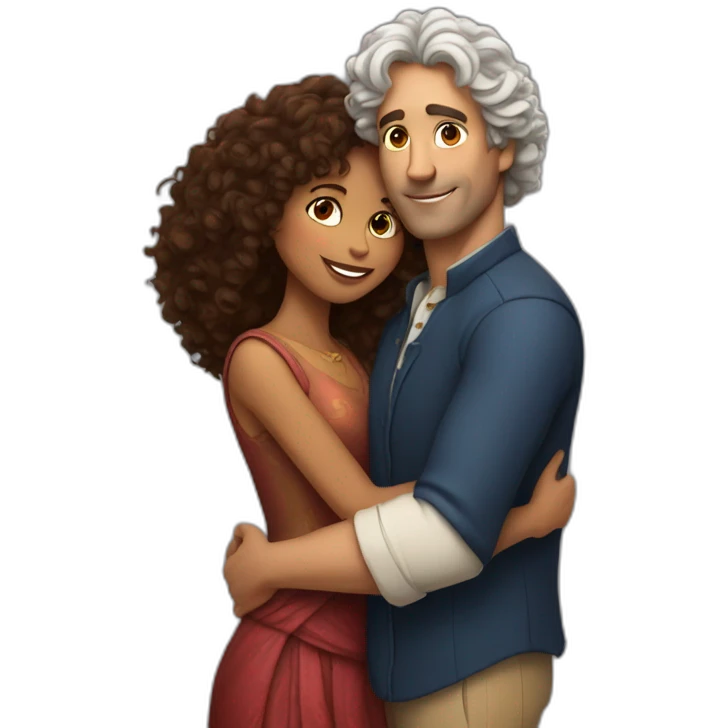 Tall French man hugging an Indian woman with curly hair emoji