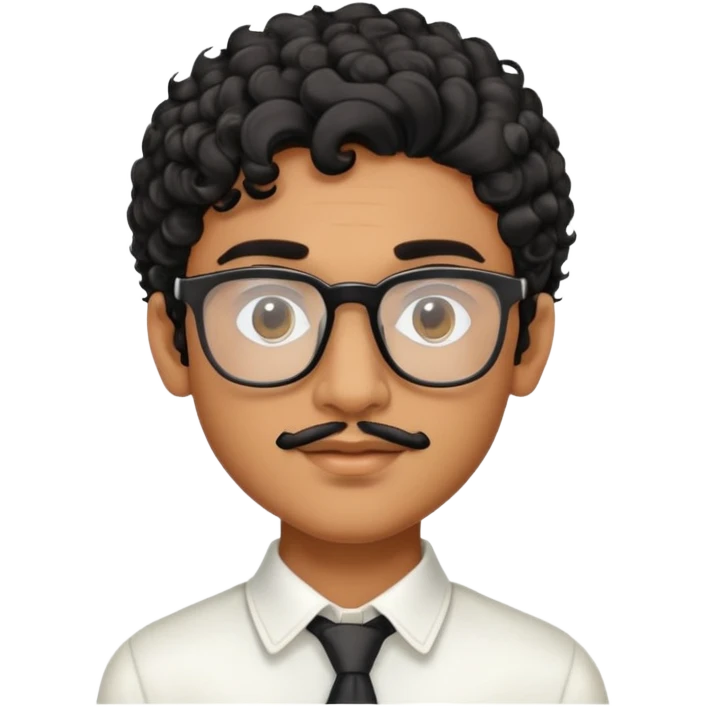 An Indian brown boy with curly black hair, prominent facial features like a jawline, and nose. With Prada transparent glasses and little facial hair emoji
