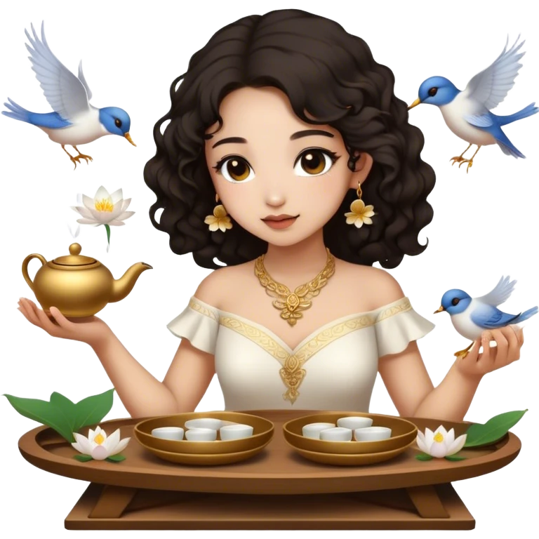 Light skin girl, half long curly dark hair, gold jewelry, white dress, feeding birds with wooden tea ceremony tray with lotus flower emoji