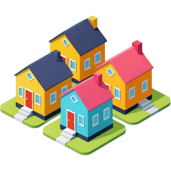 group of 3 houses representing neighborhood isometric houses on transparent background similar in style to the iphone icons emoji
