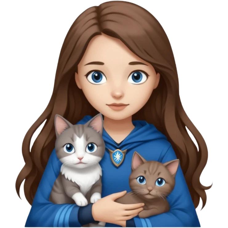 gorgeous Girl with light skin, blue eyes, long brown hair, wears a ravenclaw outfit, with a grey and white cat holding in her arms emoji