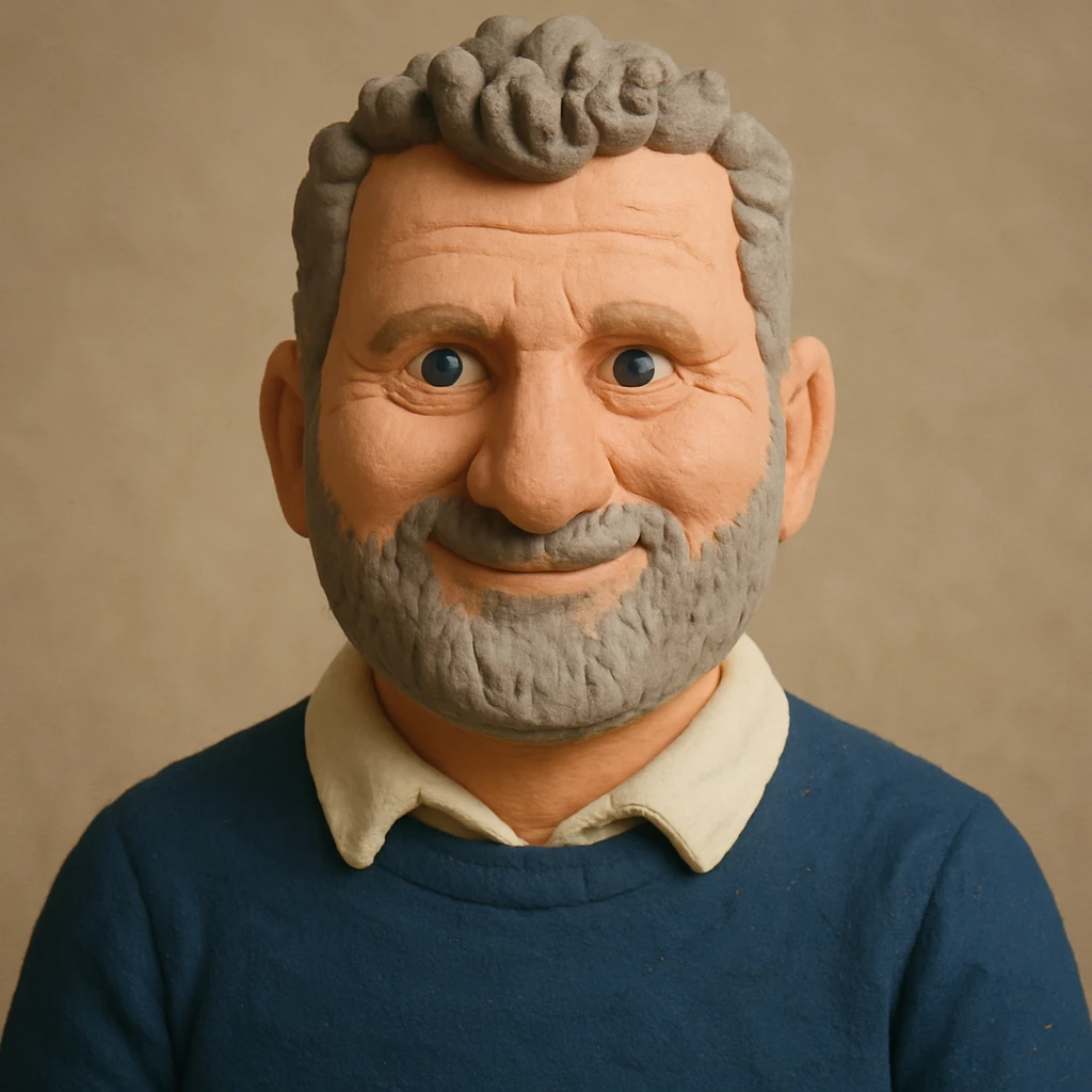 Create a claymation-style portrait emoji of the person in the reference image, with a friendly expression, pastel colors, and visible clay texture, showing head and shoulders only. emoji