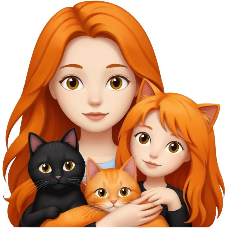 A black long haired girl holding a black cat and an orange long haired cat emoji