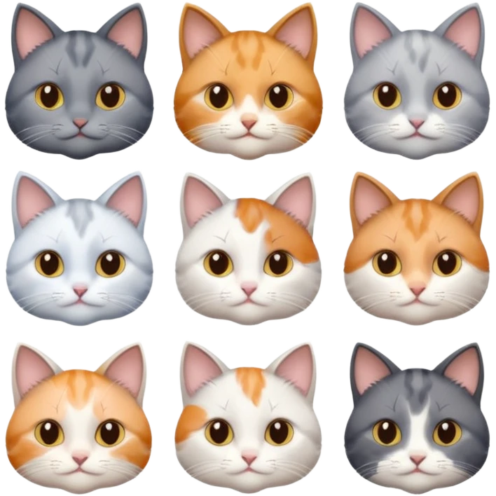 6 realistic looking cats with different natural coloured coats, assorted grey and white, greys, calico, brown and white colours etc
 emoji