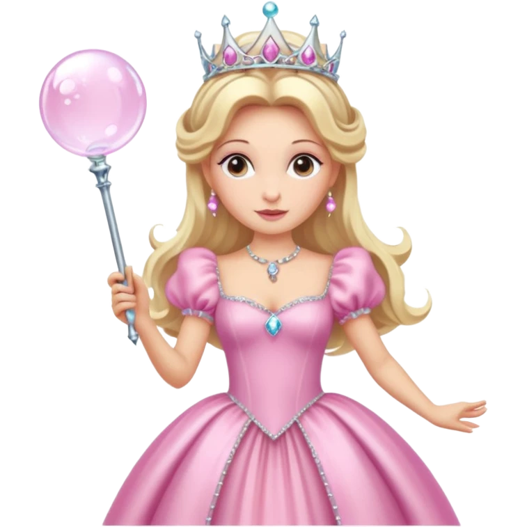 glinda the good witch from wicked movie, blonde hair, beautiful, big silver thin tiara, bubble wand, pink gown emoji