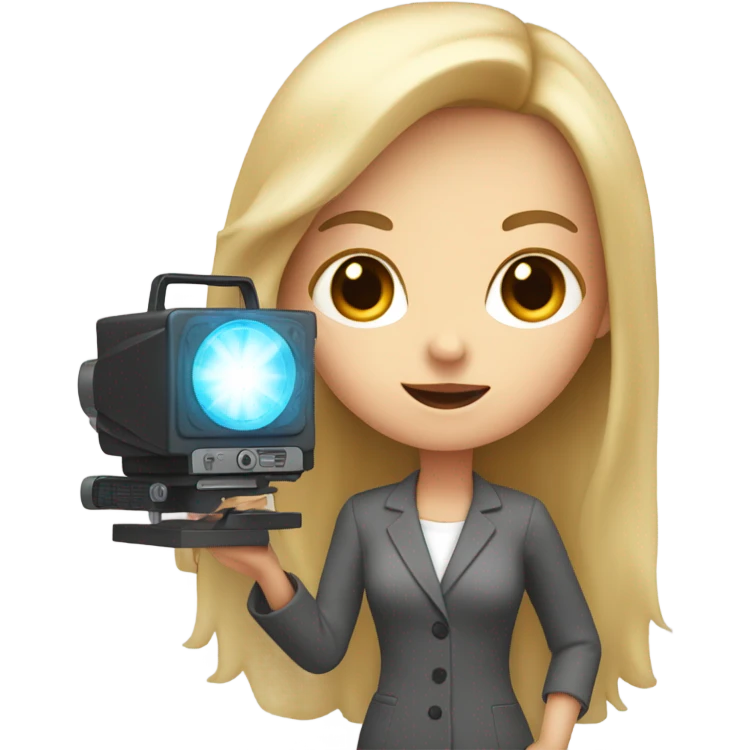 White girl holding a projector, shaking her finger now emoji