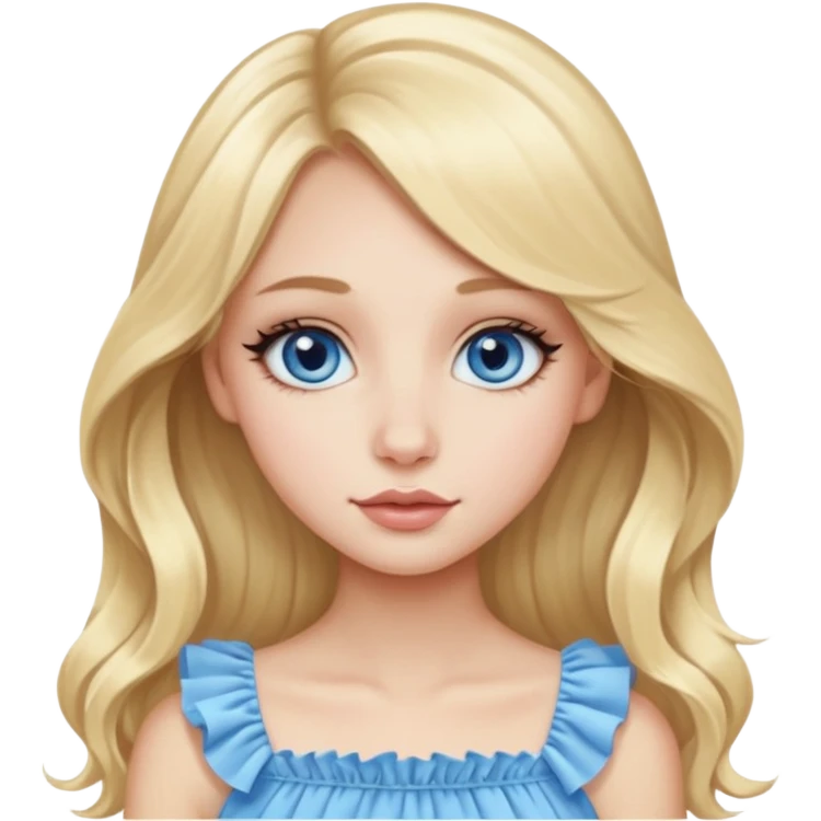 Beautiful Emoji girl with close-set blue eyes and eyeliner on them, long nose, wide not very full lips, oval face shape, long blonde hair in cute ruffle top emoji
