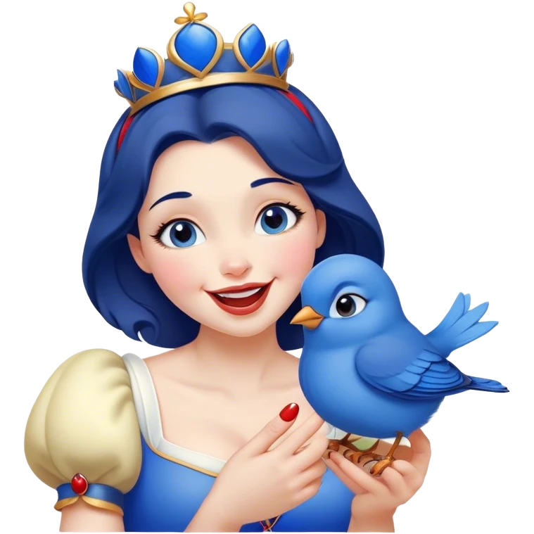 Cinematic Adorable Snow White Portrait Emoji, Giggling as a bluebird perches on her finger, cheeks rosy with joy, bright expressive eyes full of wonder, her innocence and beauty blending into a heartwarming moment! emoji