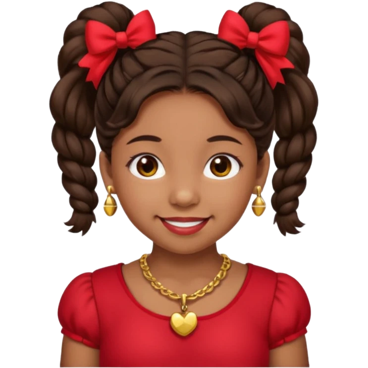 Brownskin girl dark brown hair fluffy. pigtails with red bows brown eyes smiling closed mouth red shirt gold esrrings gold necklace emoji