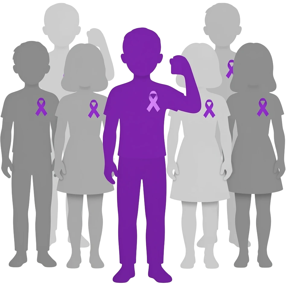 iOS-style emoji: group of human silhouettes (boys and girls) taking a photo, each wearing a small purple ribbon for fibromyalgia awareness, with one silhouette fully purple standing out, soft gradients, cute and minimal, transparent background emoji
