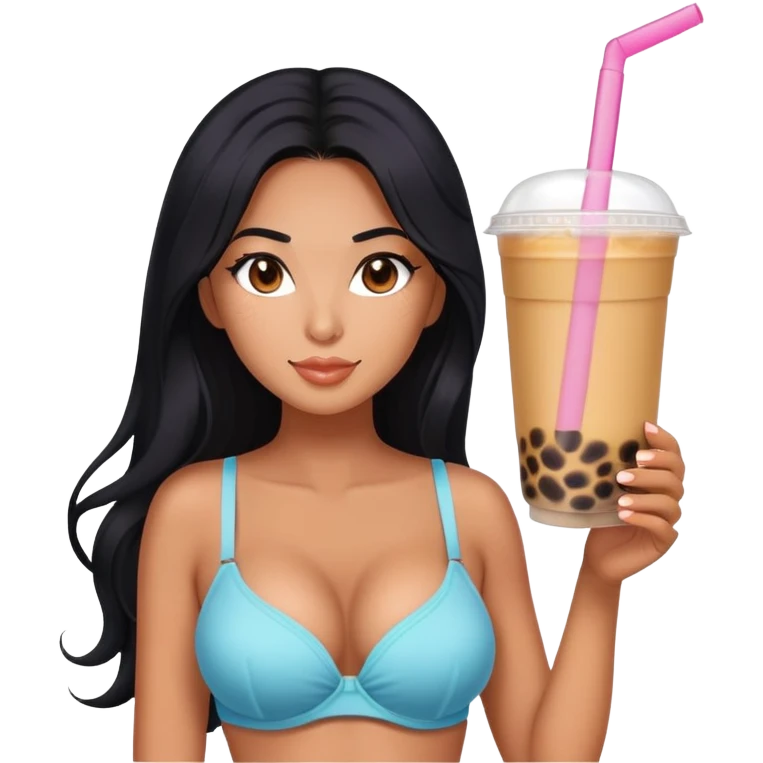 woman tanned long black hair, hot sexy, drinking bubble tea, bra emoji