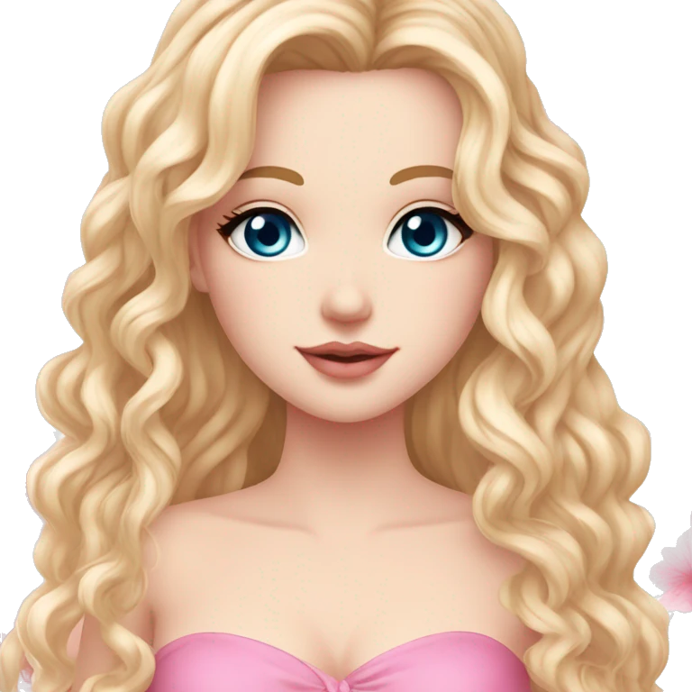 White girl 🧝🏻‍♀️, blue eyes, blond very long curly hair, pink lips, pink sexy dress. Background long. Sakura emoji