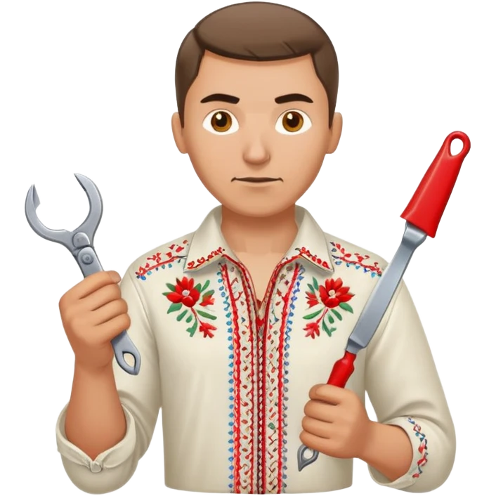 Ukrainian man with traditional embroidered shirt (vyshyvanka) holding a metal spanner wrench and red scissors emoji