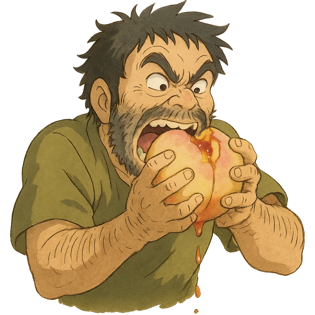 a man ferally eating a peach emoji
