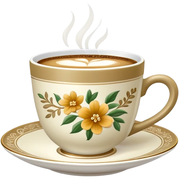 Cinematic Realistic sophisticated cup filled with khaki coffee with flower ornament emoji