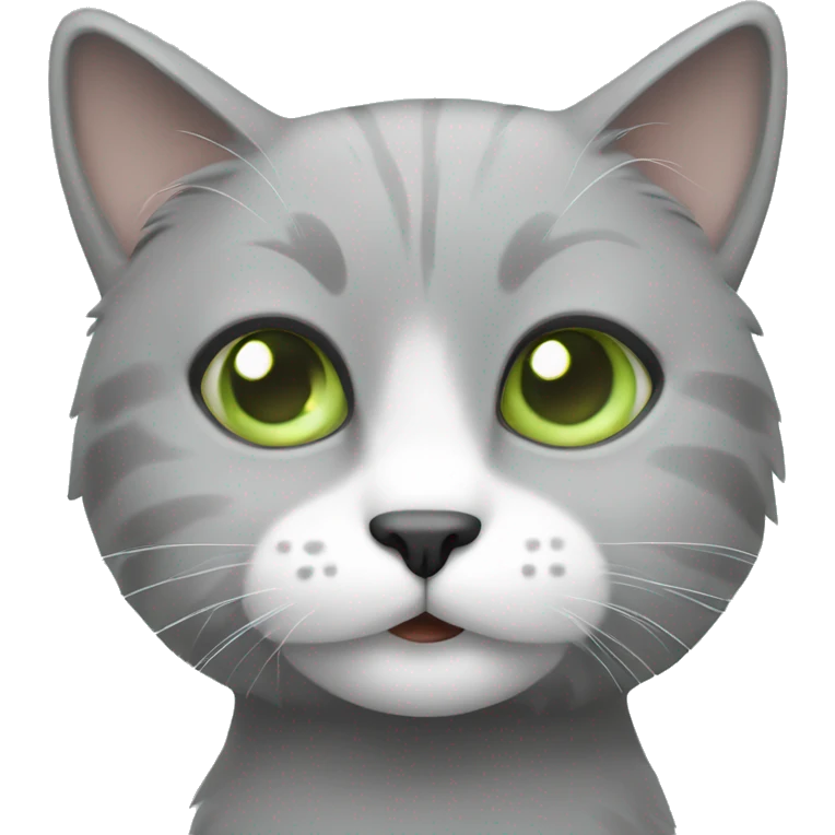 Gray small cat with light green eyes with white fur around eyes and mouth emoji