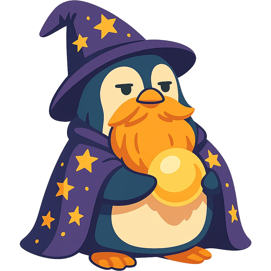 chubby penguin wizard with a long beard, starry cloak, glowing orb, looking wise and mystical, vibrant toon style, cartoonish, colorful, playful emoji