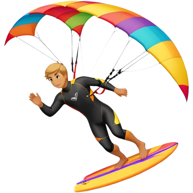 The scene captures the energy and freedom of the sport, with the sun shining and the ocean's waves splashing around. A kite surfer gliding across the ocean, with a colorful kite soaring high in the sky and the surfer carving through the waves.  emoji