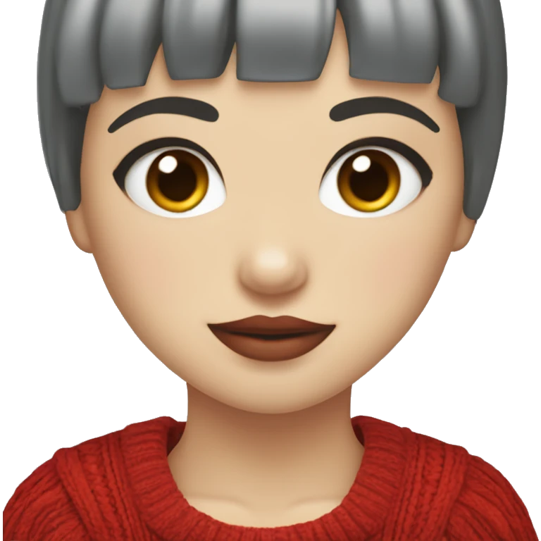 girl with short hair and bangs (a fringe) with blue eyes, long eyelashes and red lipstick in a red cable knit sweater. She must be holding a grey cat emoji