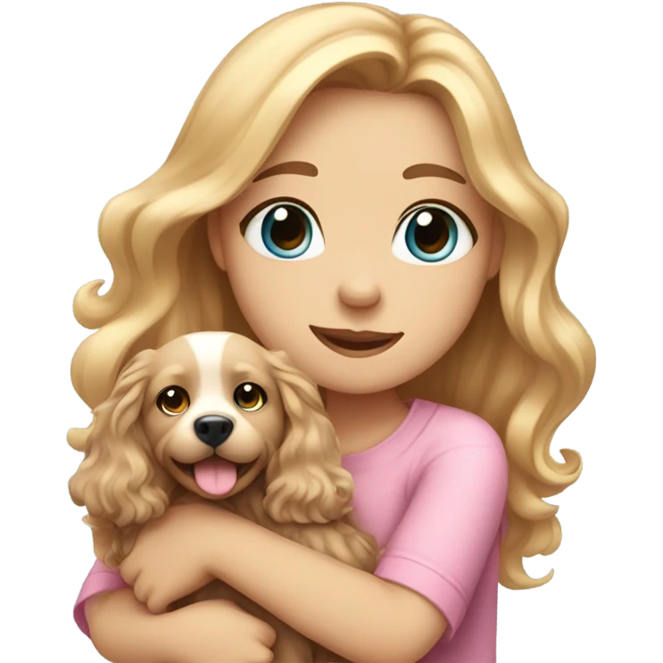 Please create a girl who hugs her pet doggie. The girl has a cute face and so does the doggie. The girl has light skin, blue eyes and pink wavy long hair. emoji